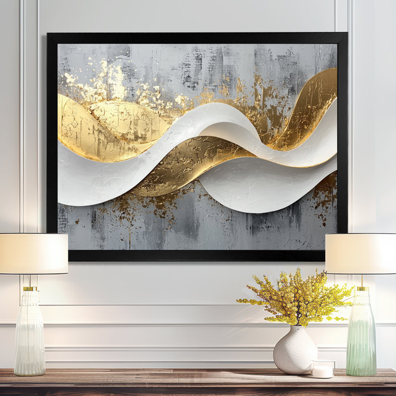 Abstrait bosquet d'introspection en or et blanc V - art abstrait de vagues modernes, H 30 po x l 40 po, Cadre simple