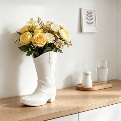 Cowgirl Boot Vase for Flowers, Western Cowboy Decor Ceramic Tabletop Planter, Rustic Bookshelf Accent Piece for Country Style Home and Office