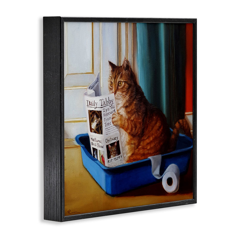 Litière lisant un chat amusant par Lucia Heffernan - Peinture, H 17 po x l 17 po, Giclée encadrée noir minuit