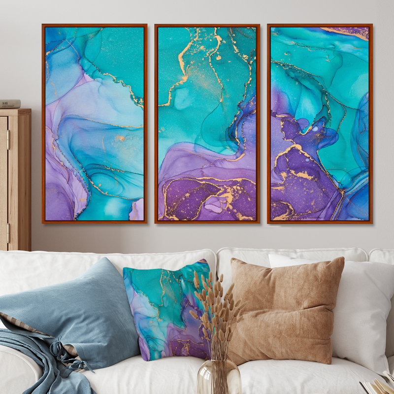 Turquoise et mauve liquide Art I - ensemble d'art moderne sur toile encadrée moderne de 3, H 32 po x l 48 po, Brown