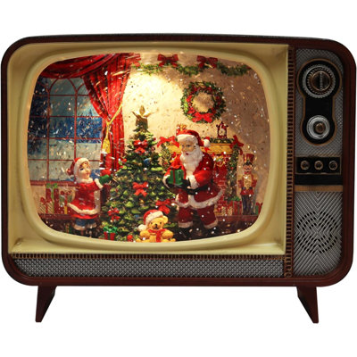 6.7" Acrylic Retro TV Village - LED, Water Spinning Glitter, Battery - Hand-Painted Resin