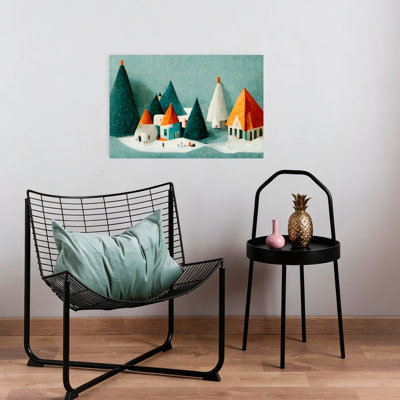 Mignon village abstrait géométrique contemporain pin arbre hiver, impression d'art mural