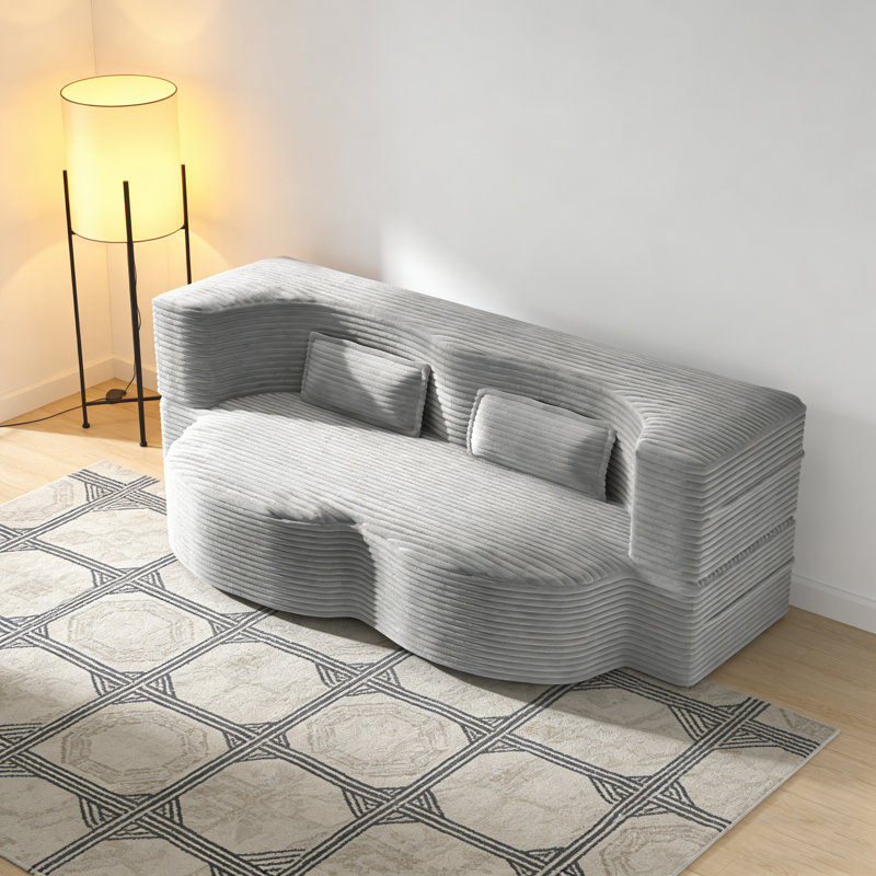 Canapé moderne avec 2 coussins, canapé-lit en velours côtelé et rembourré de mousse, matelas pliant simple de 15 po pour le salon, lit d'invité, salle de jeux, aucun assemblage requis, gris clair