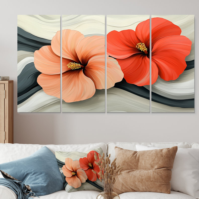 Coucher de soleil, Hibiscus liquide Art Harmony II - Hibiscus Wall Art - Art mural traditionnel sur toile, H 32 po x l 64 po