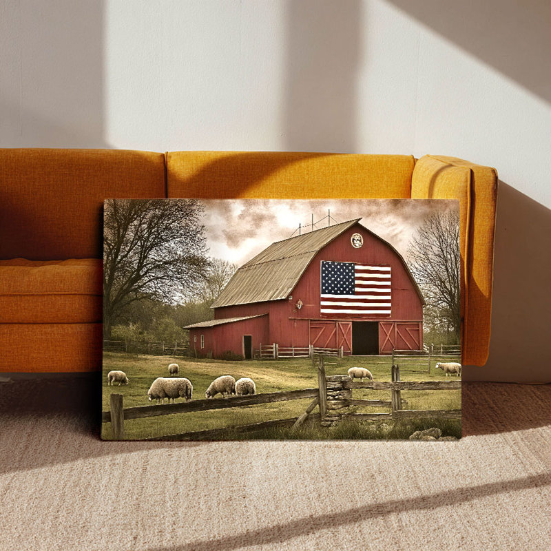 Cadre étirée patriotique pour grange rouge et mouton (ton de ferme Americana), 16 * 12 pouces (40 * 30 * 2cm)