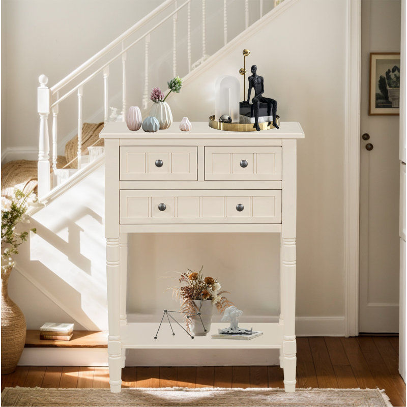 Console Table With 3 Drawers And Bottom Shelf, Beige