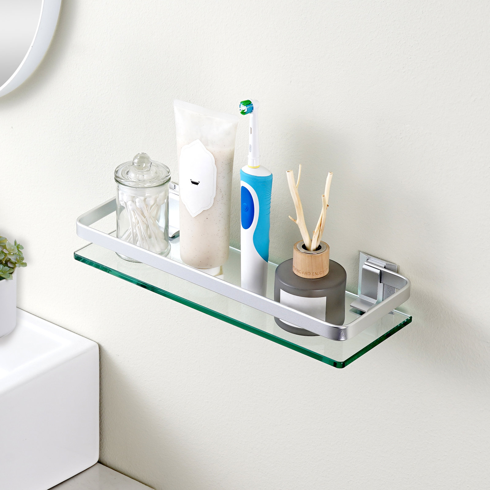 Glass Bathroom Shelf, Tempered Glass Floating Bathroom Shelf with Towel Bar Rectangular Wall Mounted Rustproof Sand Sprayed Aluminum Silver. Latitude