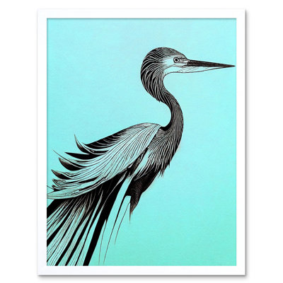 Heron Illustration Pen Ink Black Blue - Print