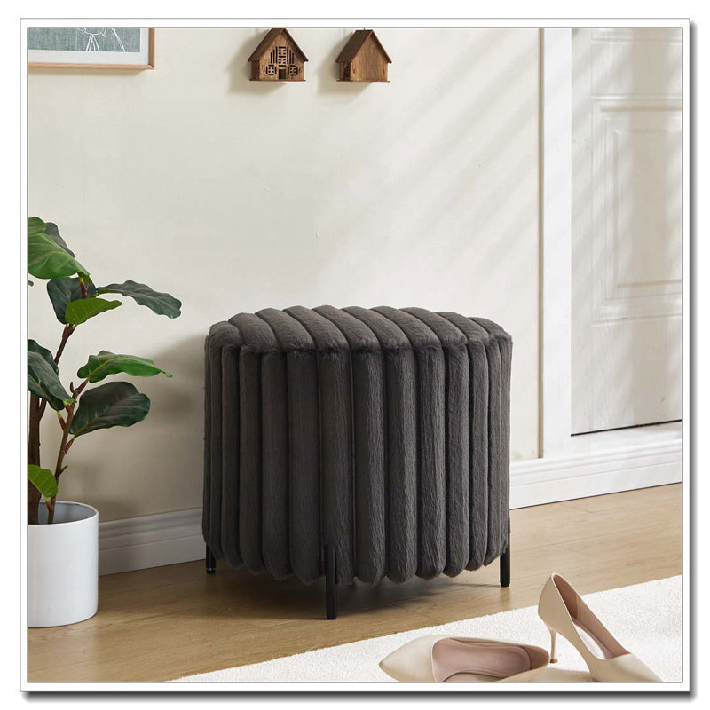 Faux Fur Upholstered Round Ottoman with Black Metal Legs, Brown