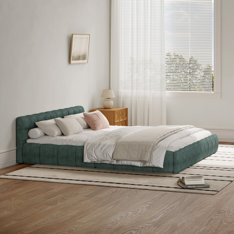 Chenille Upholstered Bed Frame With Headboard, Bluish Green, California King