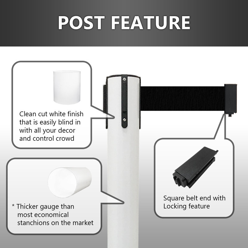 36" Retractable Belt Queue Safety Stanchion Barrier (2 Posts w/78" Blk Belt), White