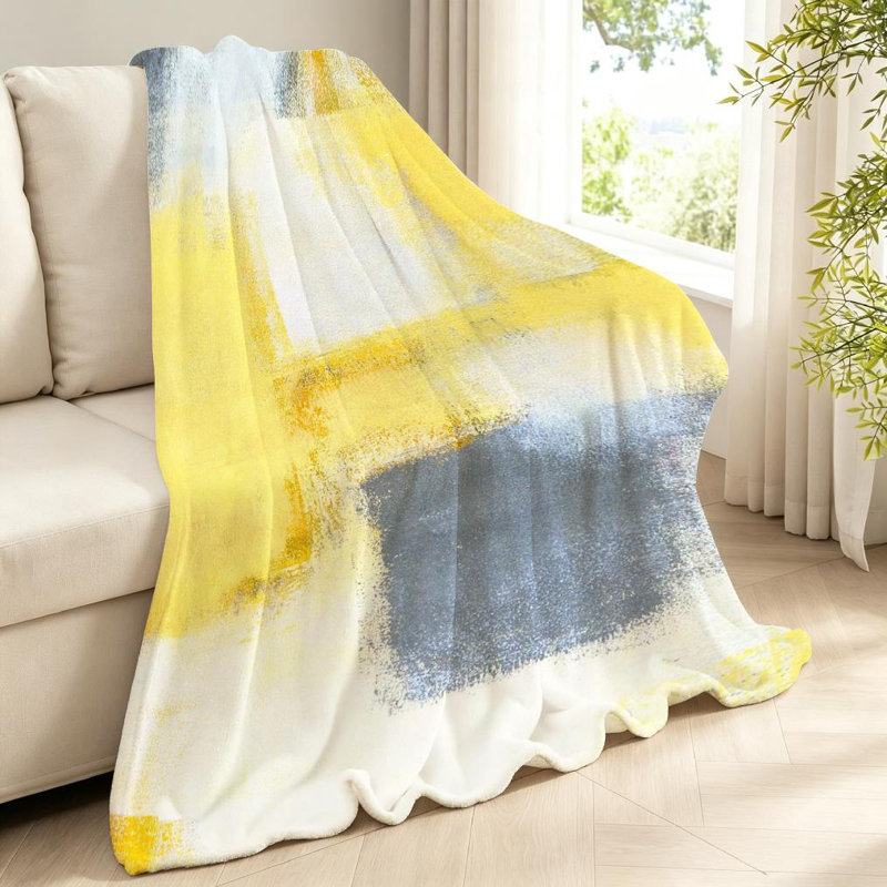 Jeté en polaire de flanelle grise ultra douce, imprimé recto abstrait gris et jaune, Throw 40" x 50"
