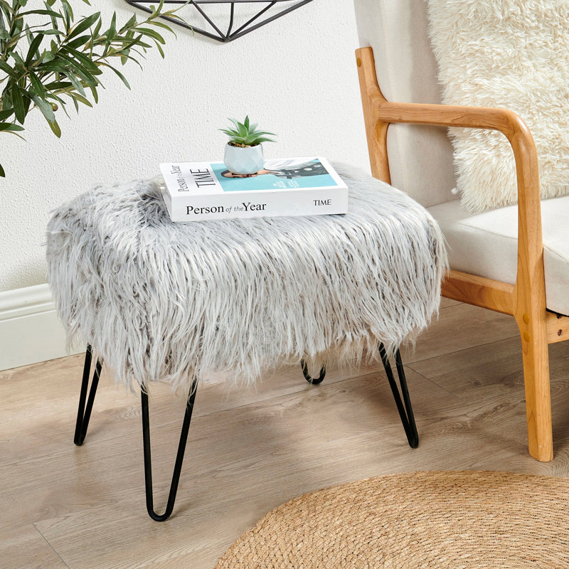 Keilia Upholstered Ottoman, Silver Cloud Faux Fur