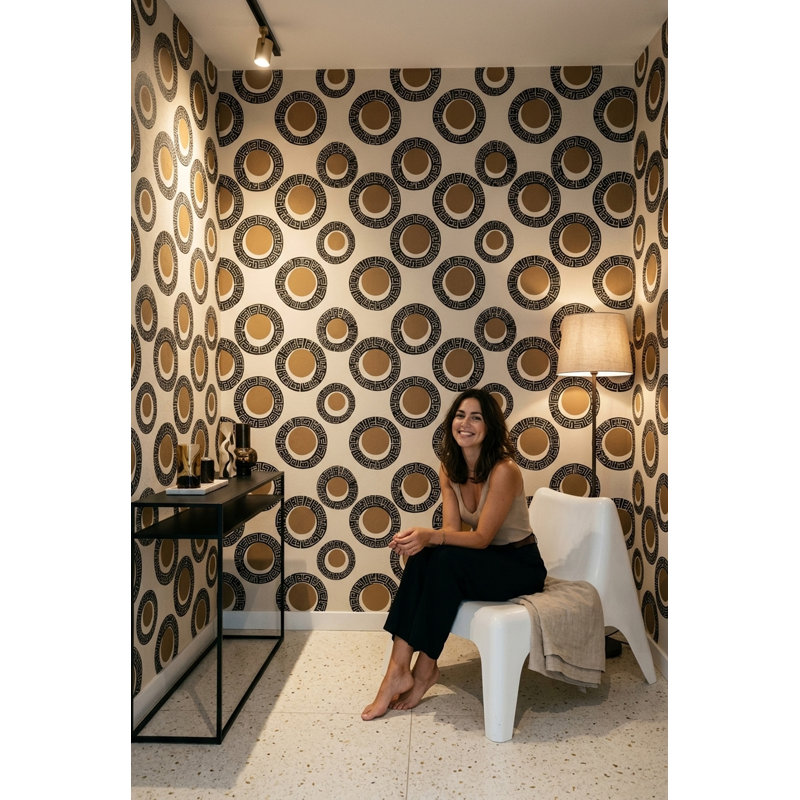 Greek Key Wallpaper Geometric Circles Black And Tan Decorative Mural, Textured Non-Pasted