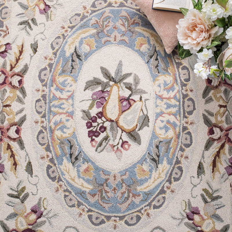 Blue Floral Hand-Hooked Wool Area Rug 5'3" x 8'3"