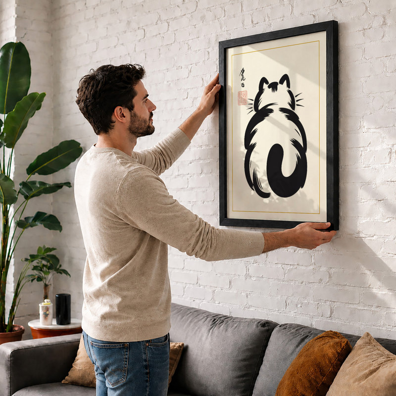 Cat in Repose Japandi - Framed Print, A2 - 59.4 x 42.0 cm, Walnut