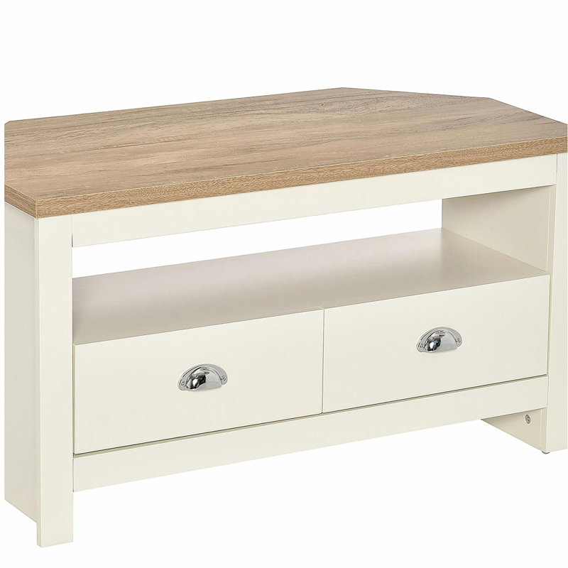 Meuble télé d'angle de 50 po maximum avec tiroirs et compartiments de rangement ouverts Meuble télé de salon, blanc