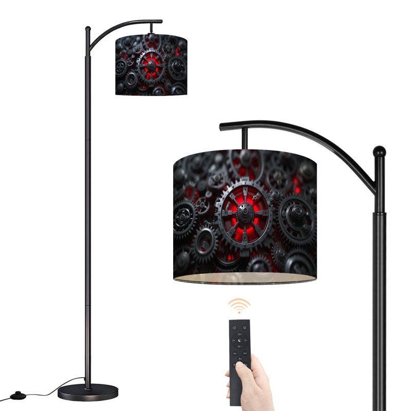 Lampe sur pied à arc avec abat-jour réglable Mécanisme d'engrenage Steampunk complexe Rouge vif Lampe debout Steampunk 3 températures de couleur Lampe à poteau haut à intensité variable avec interrupteur au pied pour la chambre à coucher