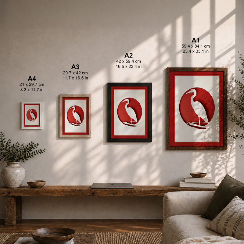Heron in Red Circle Minimalist - Framed Print, A3 - 42.0 x 29.7 cm, Black