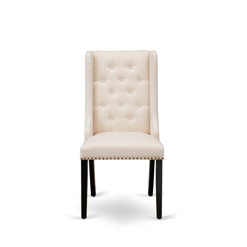 9-piece modern dining set consists of a wooden table and 8 Cream Linen Fabric dining chairs with Button Tufted Chair Back - Sand Blasting Black.