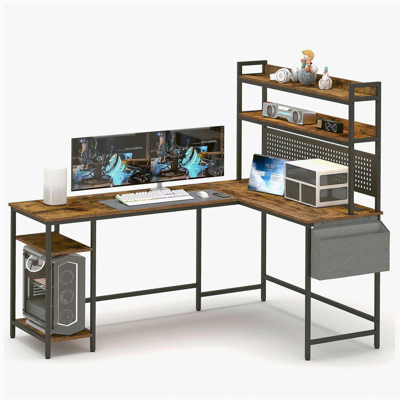 Bureau en L, bureau d'ordinateur en coin réversible avec prise de courant et lumière DEL, bureau de jeu avec tablette de rangement et support pour écran, brun rustique