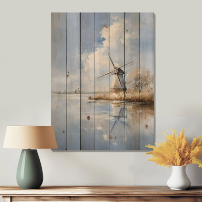 Minimal Windmill Landscape By The Lake - Windmills Wooden Wall Art On Natural Pine Wood