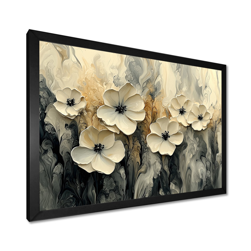Ilaisaane crème fleurs abstraites dans le vent II - fleurs abstraites, art mural, H 30 po x l 40 po, Noir, noir, noir, noir