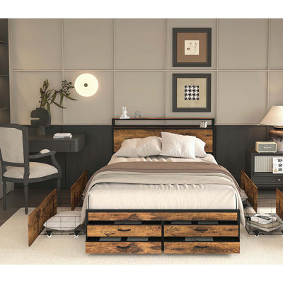 Size Bed Frame With 8 Storage Drawers, LED Headboard With Charging Station, Metal Platform Bed Frame, No Box Spring Needed, Noise-Free, Stable And Sol by 17 Stories