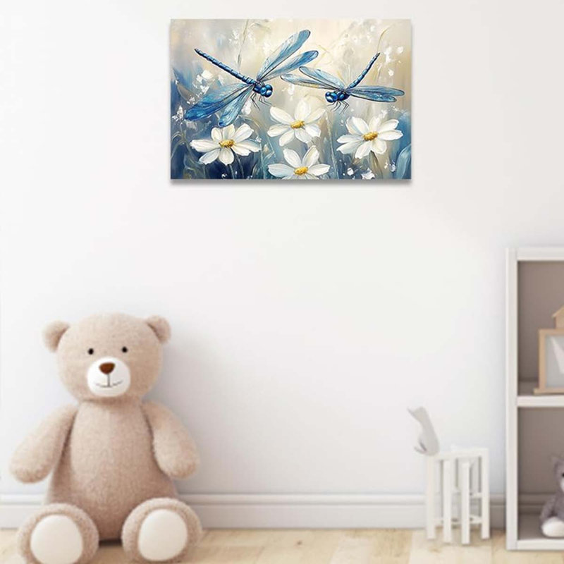 Dragonfly Pictures Wall Decor For Bathroom Rustic White Flower Canvas Prints Farmhouse Style Painting., 40 cm H x 60 cm W