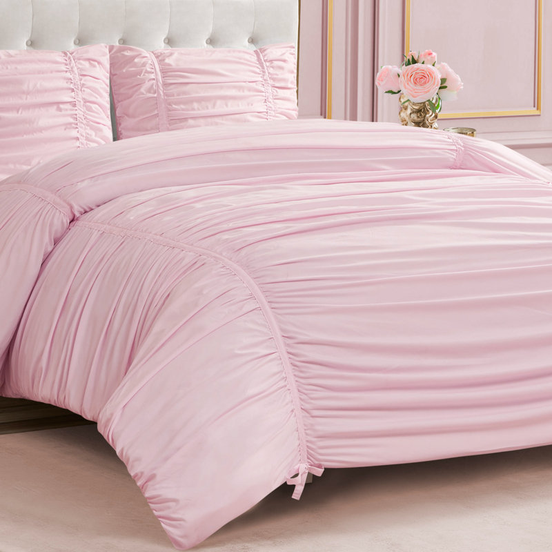 Juicy Couture Ribbon Ruched Comforter Sets, Twin Extra Long Comforter + 1 Standard Sham, Pink Marshmallow