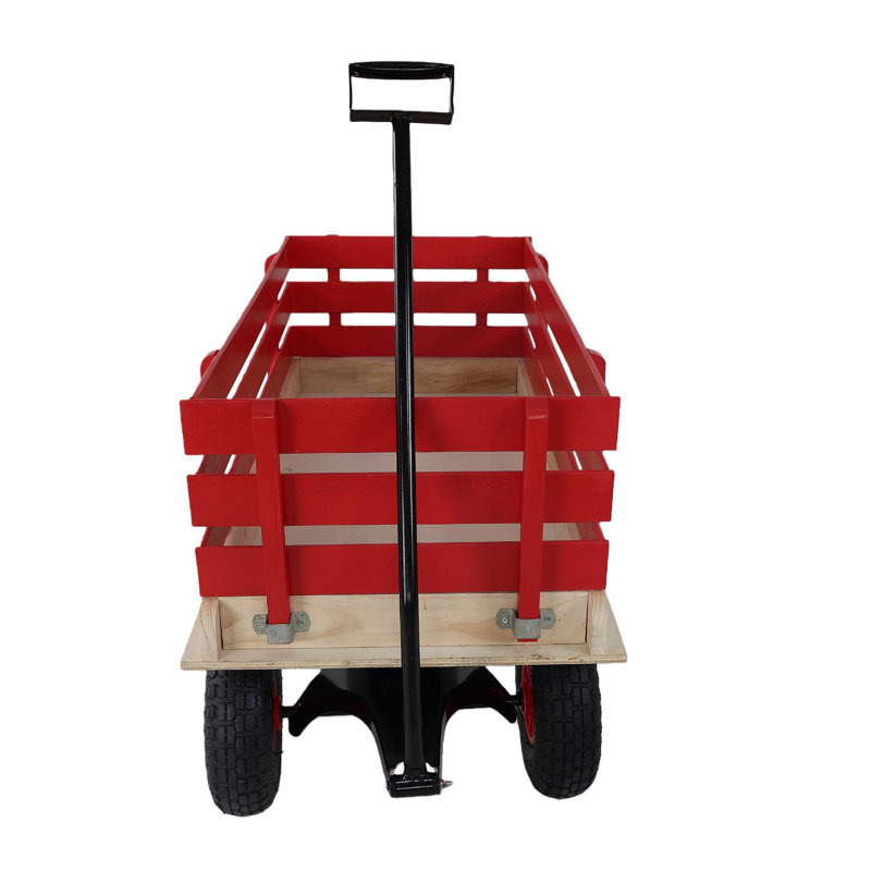 Chariot de chariot rouge en bois avec poignée pliante, chariot tout-terrain robuste pour enfants, pour l'extérieur, le jardin, le camping et la plage - chariot utilitaire à tirer classique