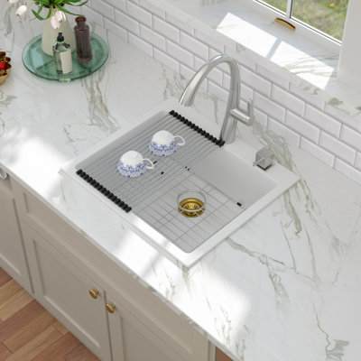 25'' L x 22'' W Quartz Drop-In Kitchen Sink, Granite Composite Single Bowl Kitchen Sink with Bottom Grid, Strainer and Roll-up Rack