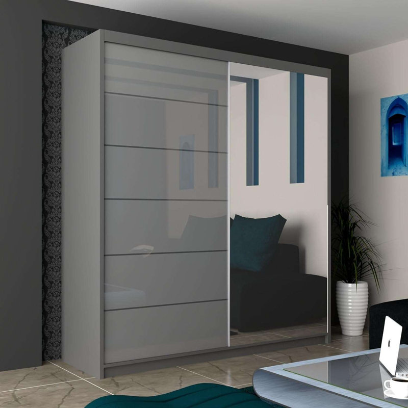 Cealain 2 Door Manufactured Wood Wardrobe, 200cm H x 180cm W x 62cm D, Grey