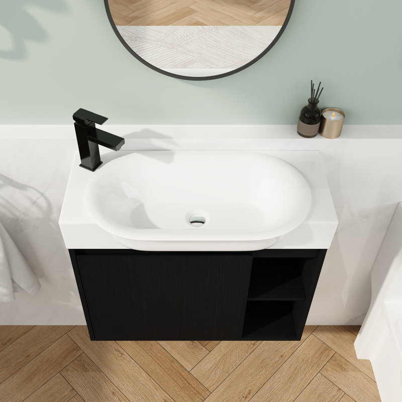 28" Vanity with Oval Ceramic Sink - Wall Mounted Black Cabinet