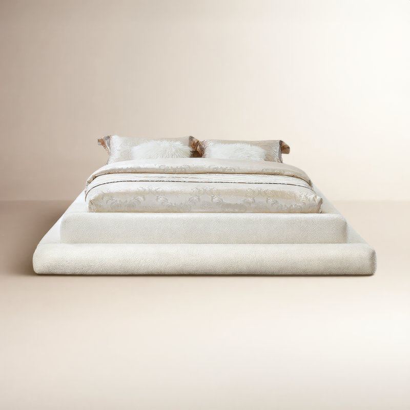 Lit tapissier Hoffarth, Double, Tissu en crème Teddy imitation Shearling
