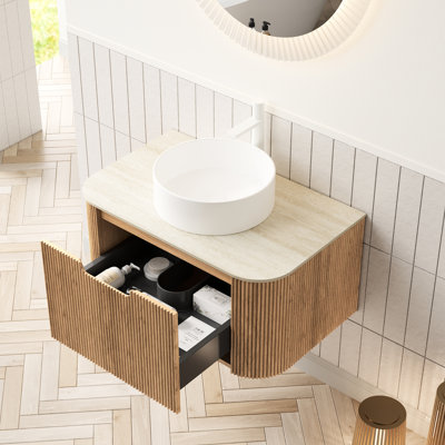 Meuble-lavabo de salle de bain 30 po, lavabo vasque rond en céramique blanc, comptoir en pierre frittée de haute qualité, armoire de rangement en contreplaqué épais de 18 mm avec grain de bois naturel et système de tiroir à fermeture en douceur de 30 po,