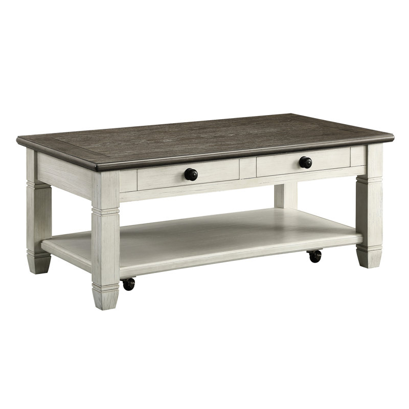 Table basse contemporaine contemporaine brun et blanc antique avec tablette de rangement à 2 tiroirs
