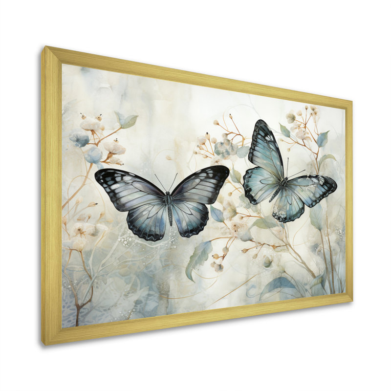 «Blue Beige Butterfly Wings Of Serenity», art sur toile papillon, H 24 po x l 32 po, Cadre photo unique, Doré