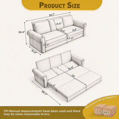 Canapé Chesterfield, canapé-lit king de 238 cm (93,7 po), canapé-lit 3 en 1 en velours avec garniture cloutée et accoudoirs arrondis, canapé-lit multifonctionnel pour salon et chambre.