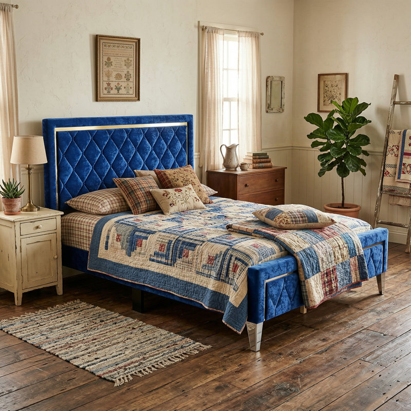 Lit tapissier 81,5 po L bleu vif avec tête haute douce