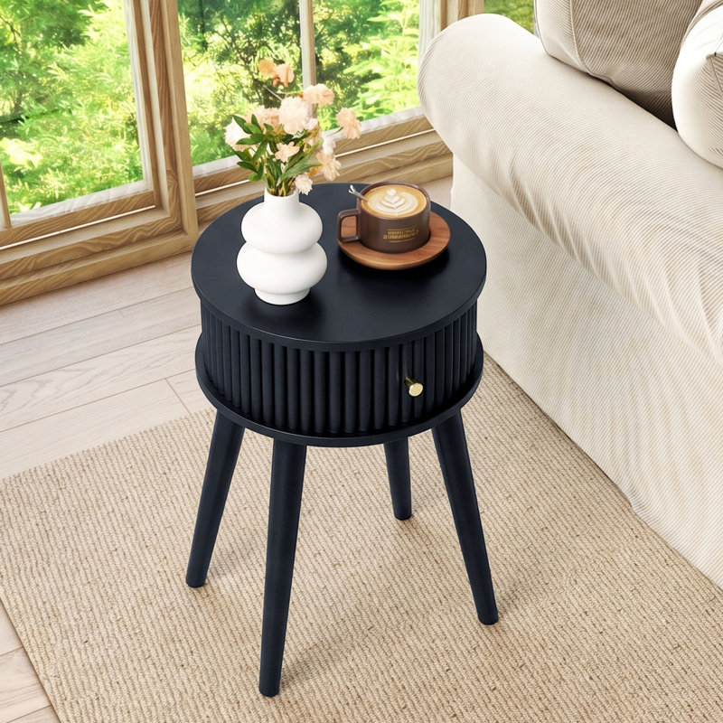 Round End Table with Solid Wood Legs, Black