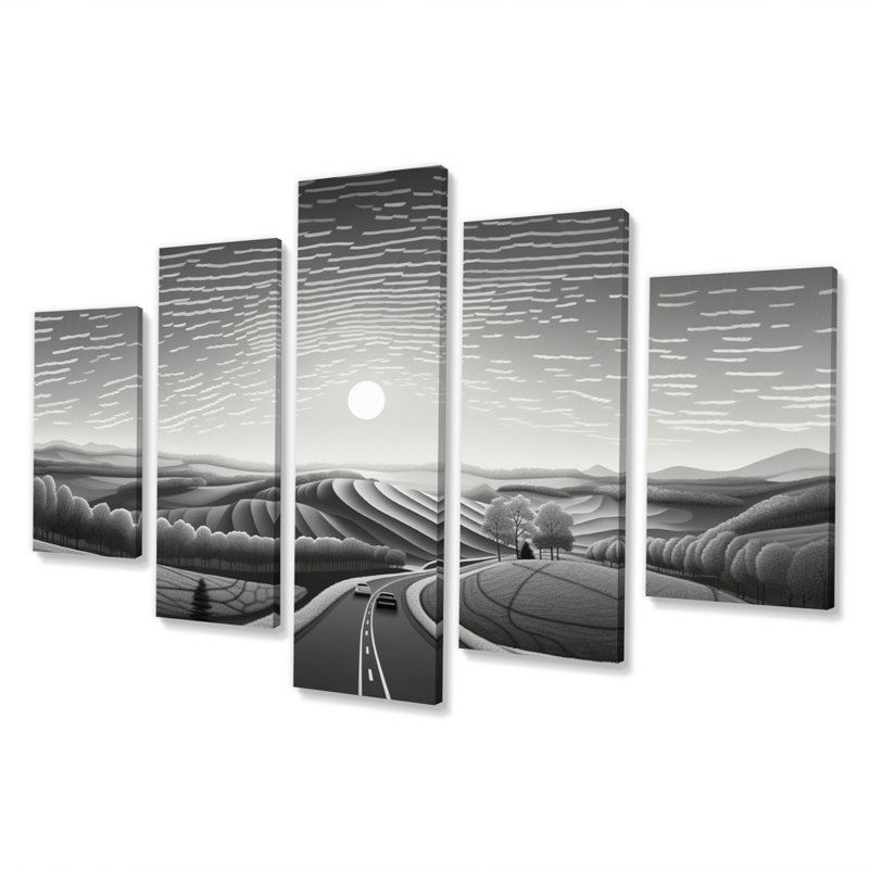 Monochromes route par le pays III - décoration murale moderne - 5 panneaux