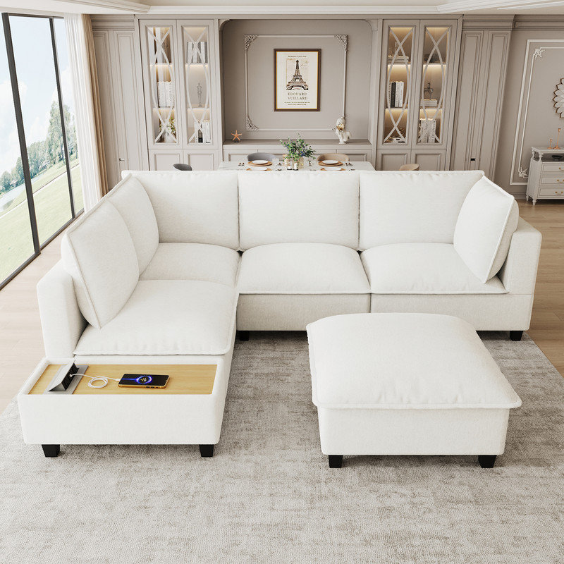 6 - Piece 90'' Upholstered U-Shape Sectional, White Chenille