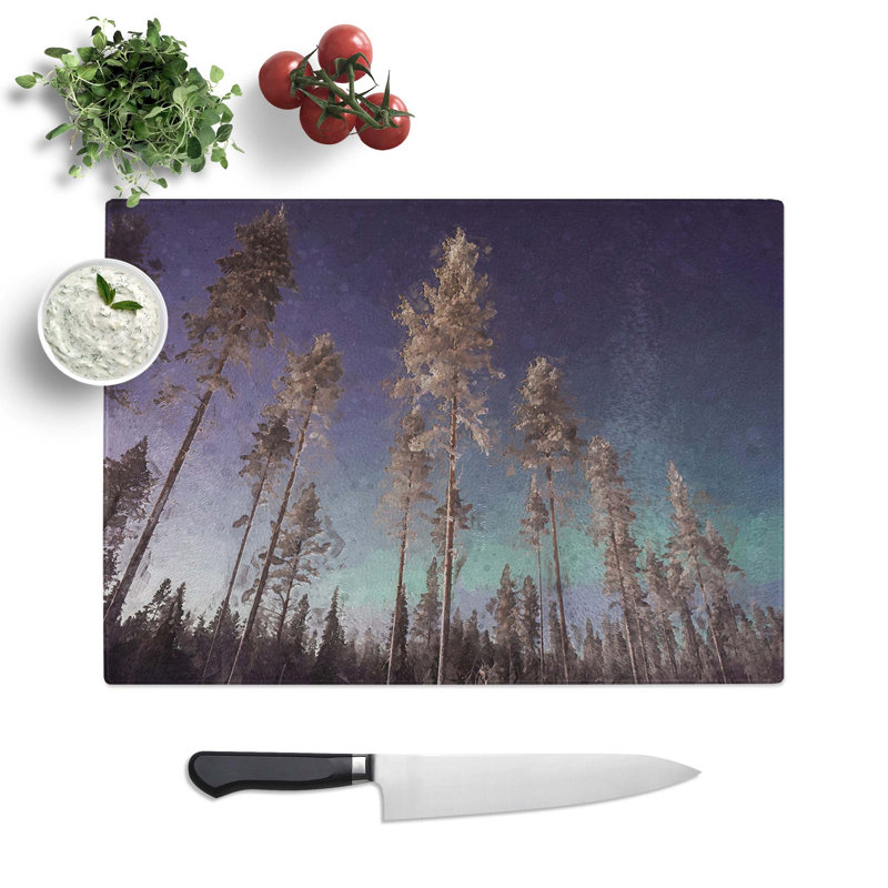 Tempered Glass Trees Below the Northern Lights Chopping Board, 39 cm W x 28.5 cm L