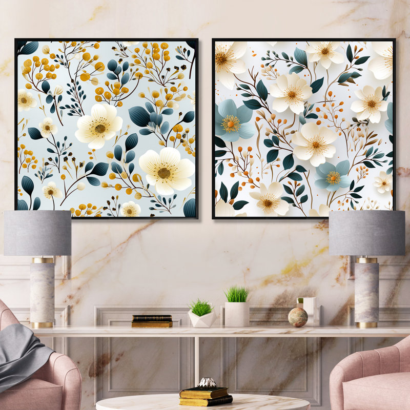 Adeline - Ensemble de 2 collages carrés floraux, Cadre flottant noir, H 16 po x l 33 po
