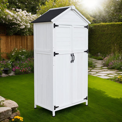 Remise de rangement en bois de sapin blanc avec portes doubles et intérieur organisé
