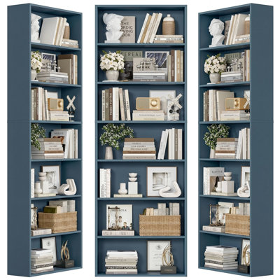3-Pieces 82.5"H Wood Double 7-Tier Standard Bookcases, Home Library Bookcase Set