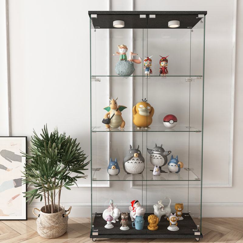Vitrine moderne en verre trempé noir à 2 portes et 4 portes avec lumières DEL réglables, facile à installer, idéale pour le salon et la chambre à coucher, H 64,44 po x L 31,63 po, l 14,33 po, 45 lb