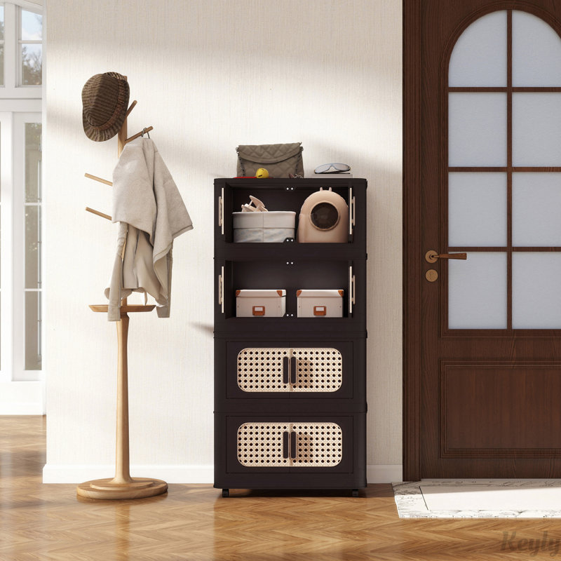 Armoire de rangement pliante en plastique 5 niveaux avec porte magnétique et roulettes, Brun / Noir