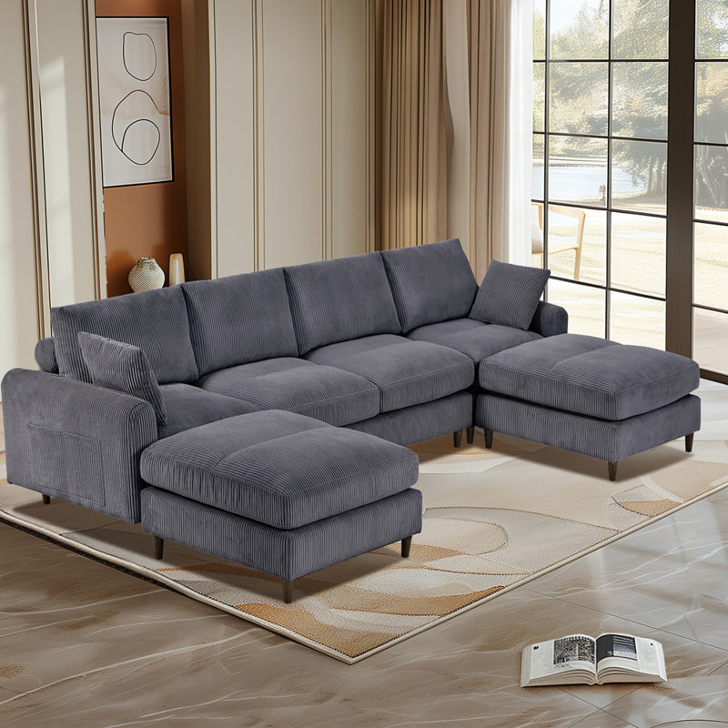 U-shaped convertible sectional sofa with pillows, Gray